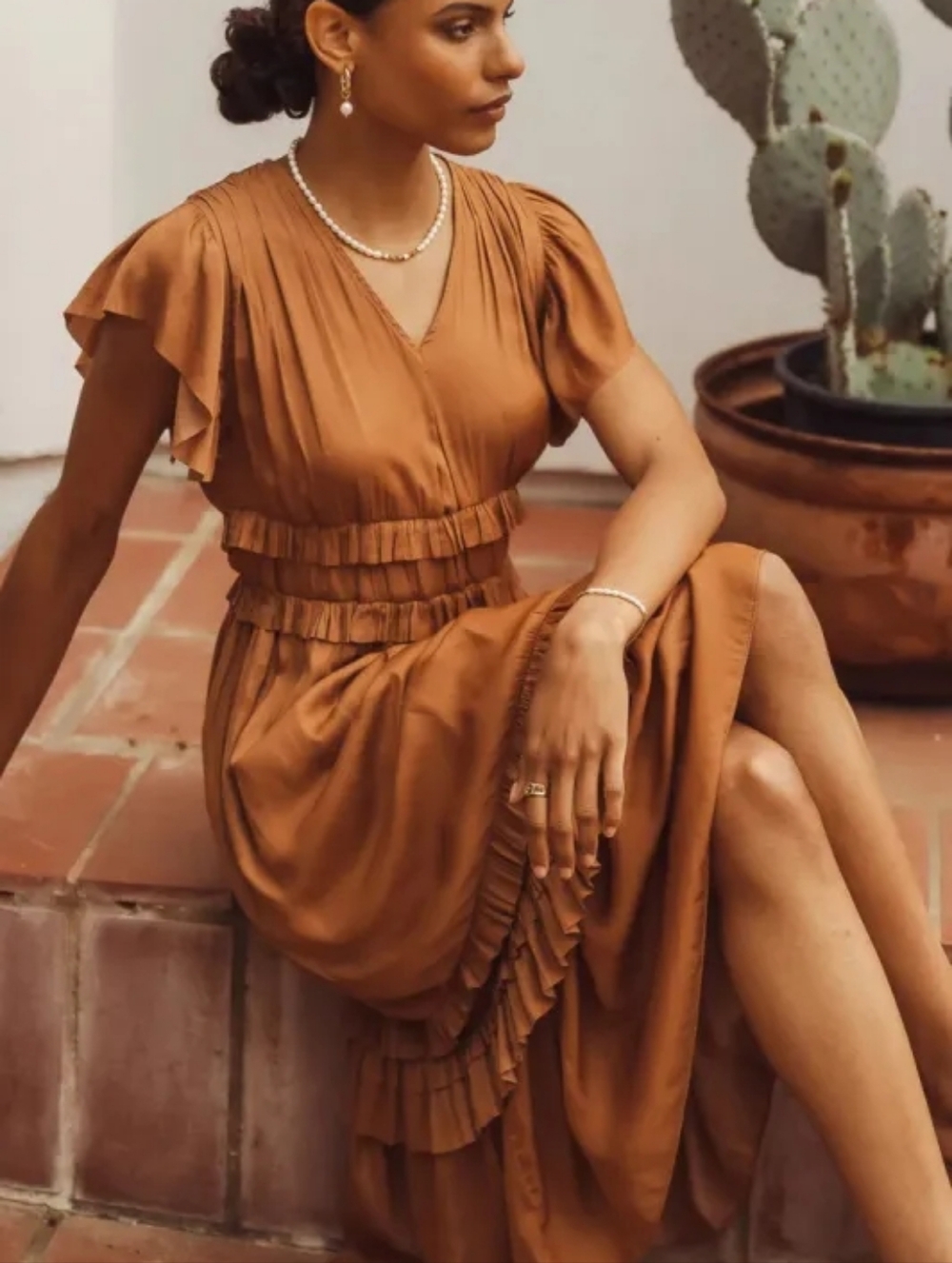 Willa Ruffle V-Neck Maxi Dress in Camel. - Picture 4 of 13